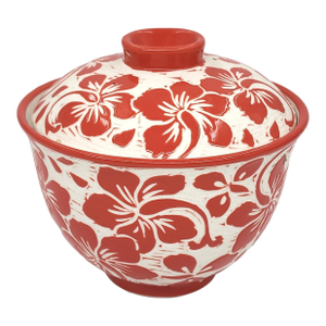 Hand-Carved Bat Trang Red Hibiscus Lidded Ceramic Bowl With a Decorative Lid