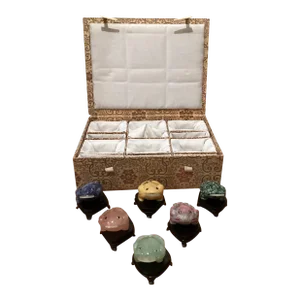 Mid 20th Century Box of Hand Carved Multicolored Jade Fishes With Wooden Seats