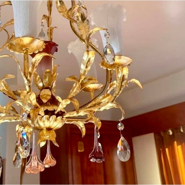 Glass 1950s Florentine Hand Gilt 6 Light Vintage Toleware Chandelier With Shades, Crystals and Floral Glass Drops For Sale - Image 7 of 8