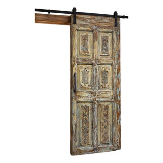 Vintage Carved Wood Single Door in Rustic Blue | Handcrafted Farmhouse Barn Door 80x32 For Sale
