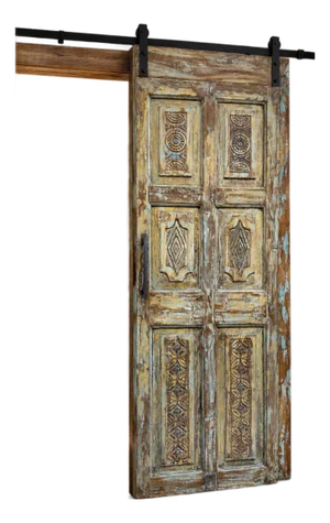 Vintage Carved Wood Single Door in Rustic Blue | Handcrafted Farmhouse Barn Door 80x32