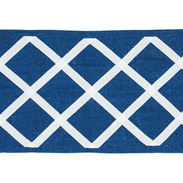 Appliqued grosgrain linen in a trellis pattern embellishes an otherwise simple, wide band of linen for an understated...