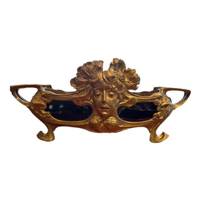 Antique Bronze and Cobalt Glazed Jardiniere, Art Nouveau, Vase, Cachepot For Sale