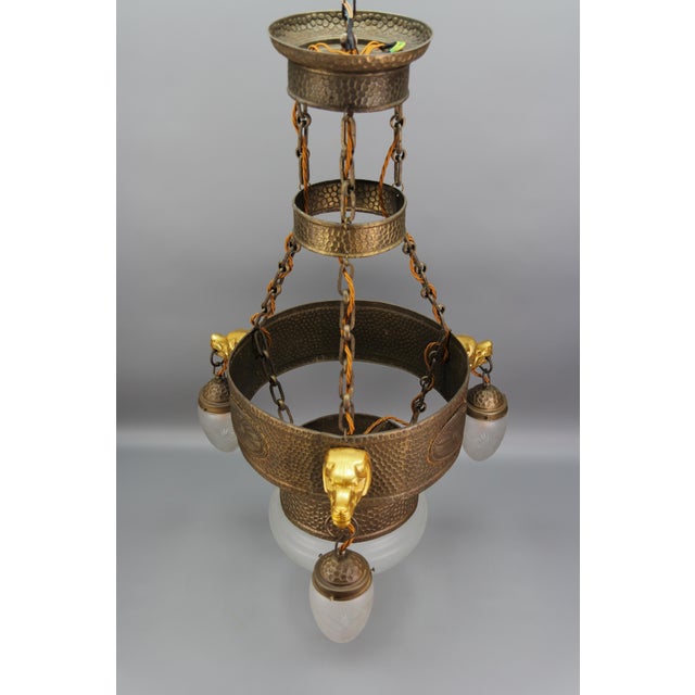 German Art Deco Metal and Frosted Glass Chandelier with Dog Heads, 1930s For Sale - Image 13 of 18