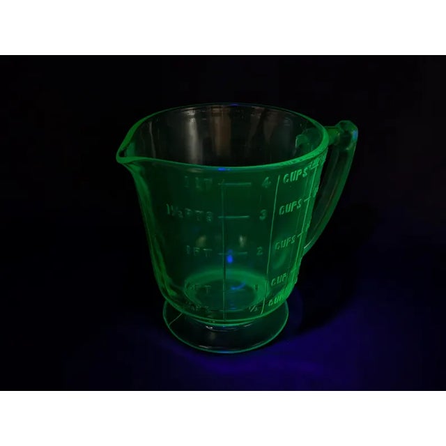 Glass Vintage Depression Uranium Glass Footed Measuring Cup For Sale - Image 7 of 14