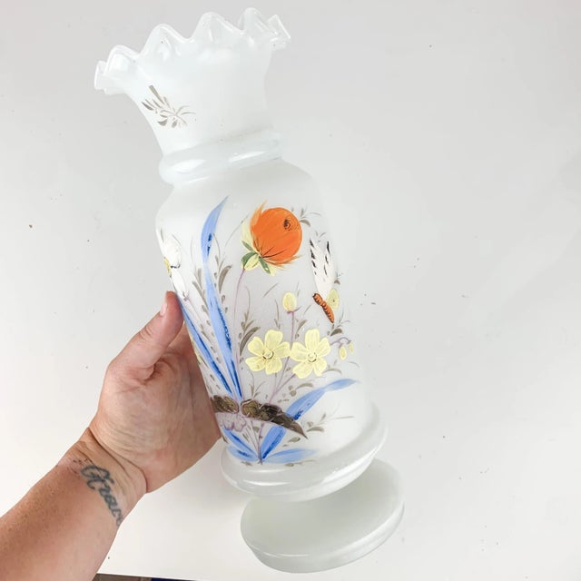 Antique Bristol Frosted Art Glass Vase Ruffled Edges Flowers Butterflies For Sale In Baltimore - Image 6 of 9