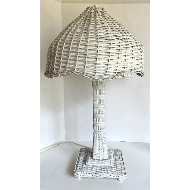 Wood Vintage Woven Wicker Rattan Table Lamp For Sale - Image 7 of 13