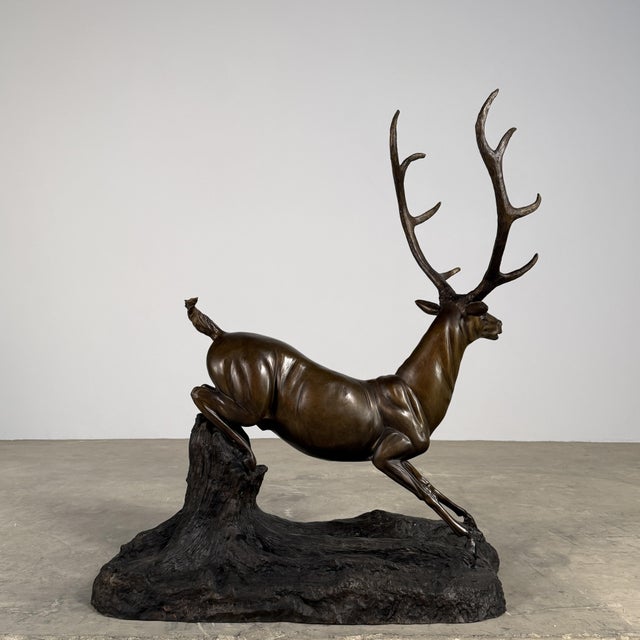 Large Bronze Stag Sculpture – Leaping Deer on Log Base, 36” H Wildlife Art For Sale - Image 10 of 13