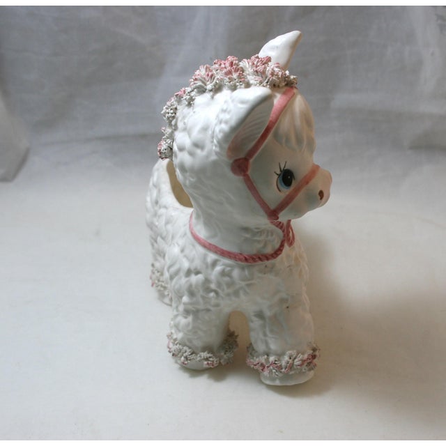 Mid Century Ceramic Baby Donkey Planter Pink & White Spaghetti Detail For Sale In West Palm - Image 6 of 10