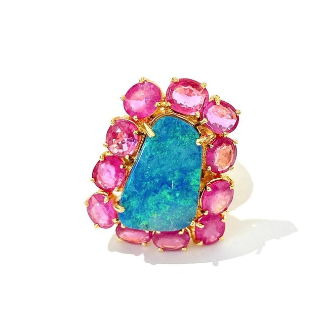 Bochic "Capri" Vintage Blue Opal & Ruby Ring Set In 18K Gold & Silver For Sale - Image 17 of 18