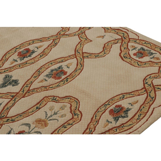 Rug & Kilim Rug & Kilim’s European Rug in Beige, With Green and Red Floral Patterns For Sale - Image 4 of 7
