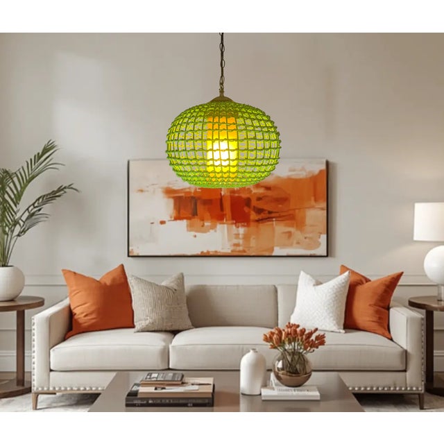 Wood Vintage Rattan Green Globe Oange Glass Shade Pendant Light For Sale - Image 7 of 18