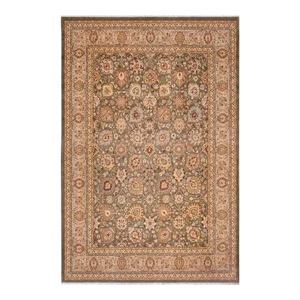 1990s 1990s Shabby Chic Istanbul Green/Tan Wool Rug - 9.2' X 12.1'