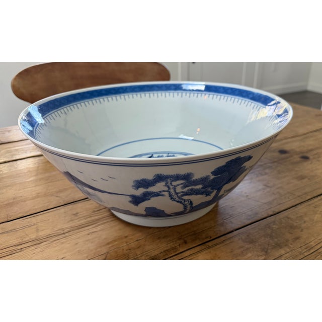 1960s Large Chinese Export Porcelain Canton Blue and White Centerpiece Punch Bowl For Sale - Image 5 of 7