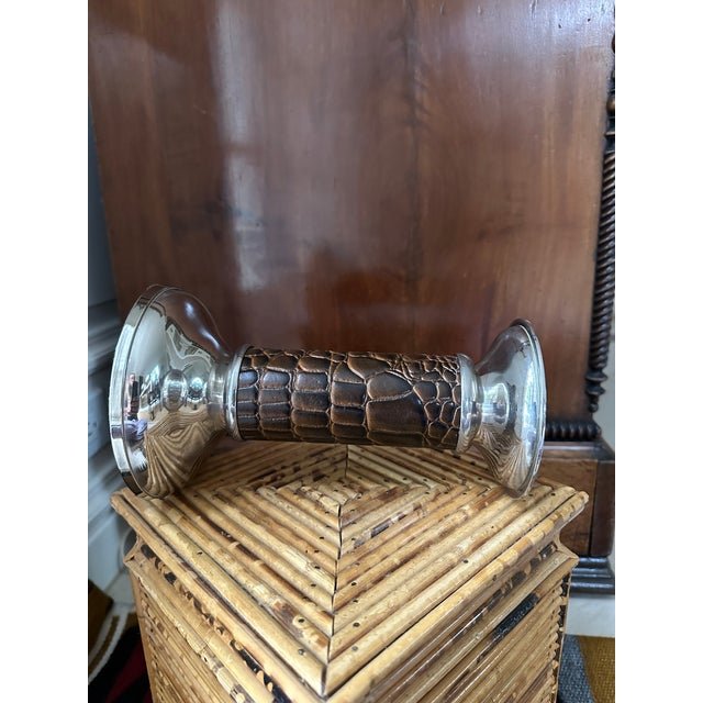 Vintage 8” Leather and Silverplate Ralph Lauren Style Candleholder For Sale - Image 13 of 18