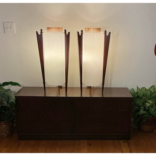 Vintage Mid-Century Modern Sculptural Walnut and Brass Torchiere Table Lamps - A Pair For Sale - Image 12 of 12
