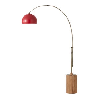 1980s Mid Century Modern 92" Brass Tambo Floor Lamp, 1980s - Light Wood Base, Crimson Red Shade, Living Room Lighting, Dimmable For Sale