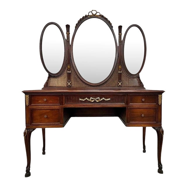 French Louis XV Style Triple Oval Mirror Walnut Vanity & Chair For Sale