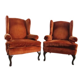 Mid 20th Century Clayton Marcus Orange Velvet Wing Back Queen Anne Chairs- Set of 2 For Sale