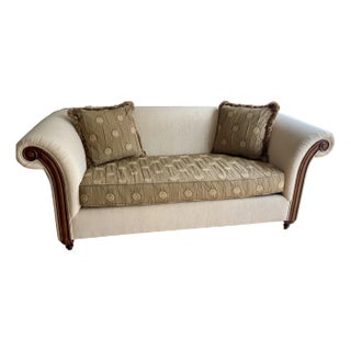 Classic Hand Carved Sofa With Walnut Frame and Upholstered in a Neutral Fabric For Sale