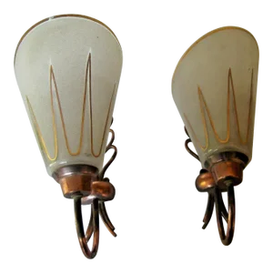 1950's French Modernist Copper W/ Art Glass Wall Sconces by Carl Fagerlund a - Pair