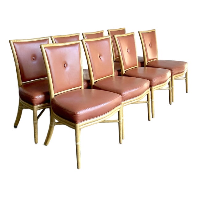 Vintage Boho McGuire Tufted Kravet Leather Dining Chairs - Set of 8 For Sale