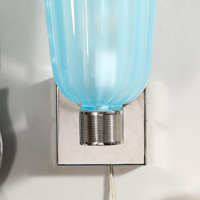 Pair of Modernist Hand-Blown Murano Arctic Blue Fluted Glass Sconces & Nickel For Sale - Image 11 of 16