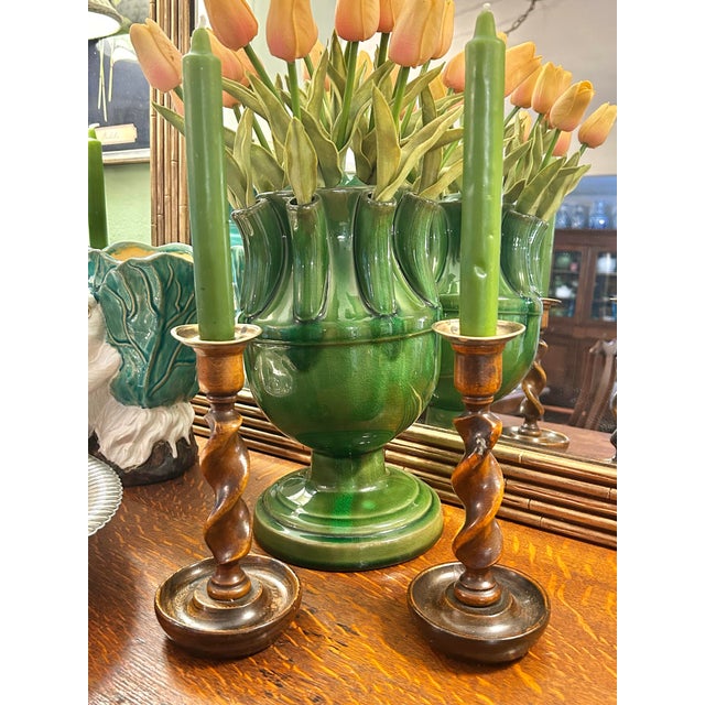 English Early 20th Century English Jacobean Revival Oak Barley Twist Candlesticks - A Pair For Sale - Image 3 of 12