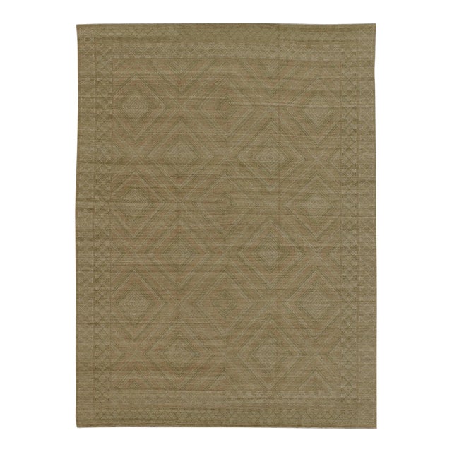 Large Modern Rug With Transitional Diamond Design in Green, Salmon, Ivory and Brown For Sale