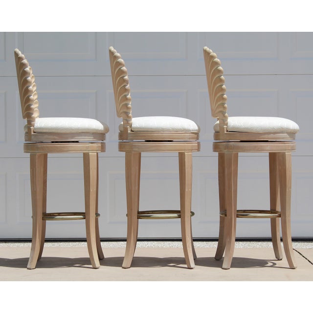 1980s Vintage Italian Hollywood Regency Grotto Shell-Back Swivel Bar Stools - Set of 3 For Sale - Image 10 of 18