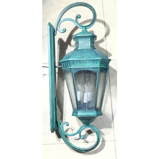 Monumental Coach Style Brass & Bronze Wall Lantern With Verdigris Finish . For Sale In Miami - Image 6 of 15