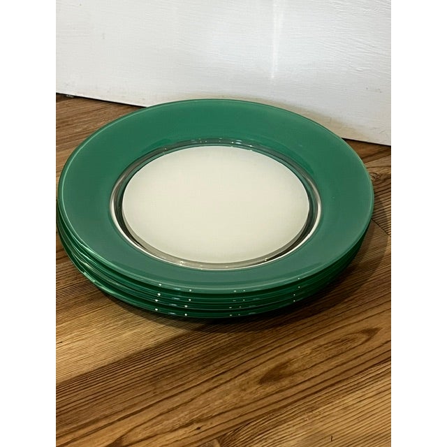 Vintage Duralex France two-tone tempered glass plates, typically manufactured in the 1960s or 1970s. They feature a...