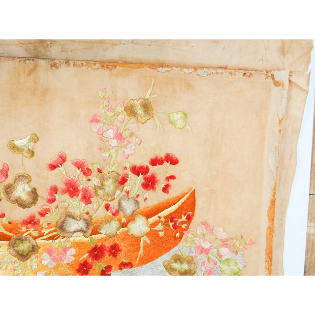 Textile Late 19th Century Distressed Silk Embroidered Floral Still Life on Cotton For Sale - Image 7 of 10