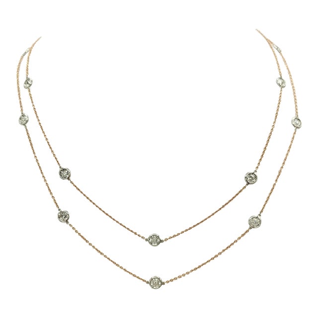 White Diamond Round Bezel Necklace in 14k White and Rose Gold For Sale