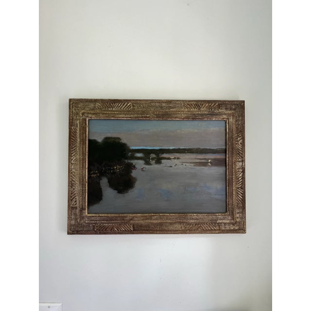 Impressionist 1980s Mangrove Study Original Oil Painting on Board by e.m. Saniga Landscape of Captivated Island, Framed, Marked and Signed For Sale - Image 3 of 8