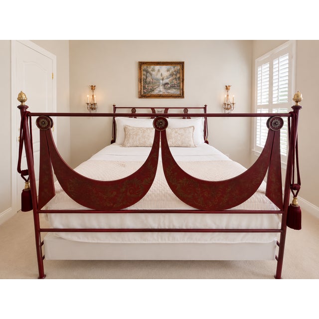 Traditional Tole Empire Queen Bed Frame Italian Hand Painted Bed Attributed to Niermann Weeks For Sale - Image 3 of 5
