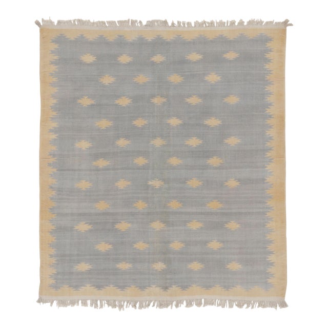 Vintage Dhurrie Rug in Blue With Geometric Pattern in Blue With Beige-Brownfrom Rug & Kilim For Sale