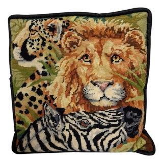Vintage Safari Lion, Tiger, Zebra Print Needlepoint Pillow For Sale