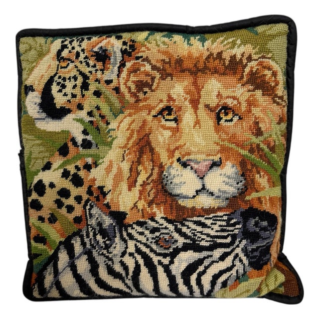 Vintage Safari Lion, Tiger, Zebra Print Needlepoint Pillow For Sale
