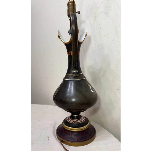 1920s Large Antique Hand Painted Bristol Glass Grecian Greece Ewer Electric Table Lamp For Sale - Image 5 of 14