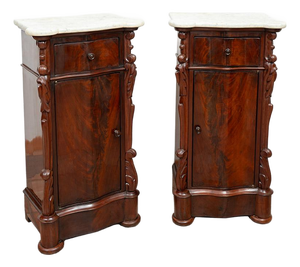 Antique Louis Philippe Neapolitan Bedside Tables in Mahogany with Marble Tops, 19th Century, Set of 2