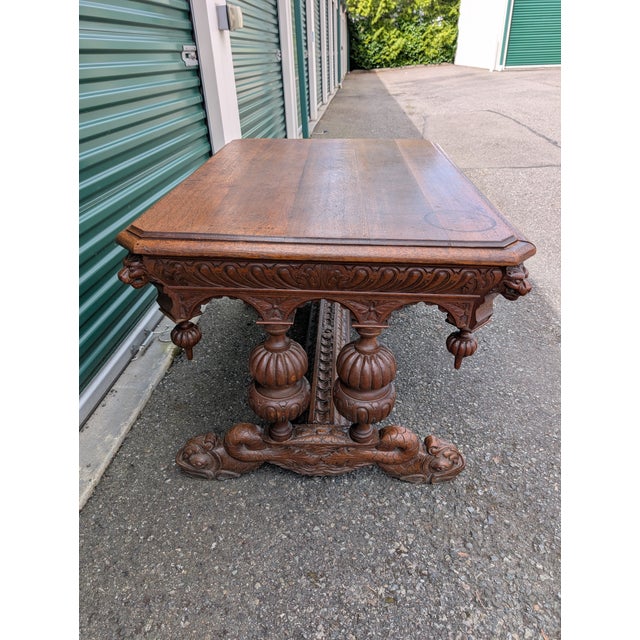 Traditional Antique 19th Century French Renaissance Revival Carved Oak Dolphin Sea Serpent Library Desk For Sale - Image 3 of 12