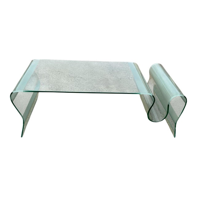 Vintage Postmodern Sculptural Bent Waterfall Glass Coffee Table With Undulating Wave Form For Sale