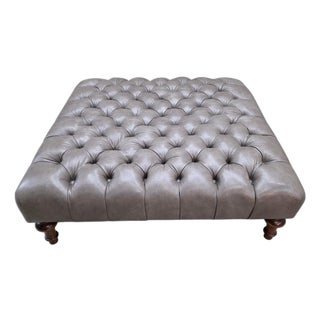 Vintage Chesterfield Style Tufted Gray Leather Ottoman For Sale