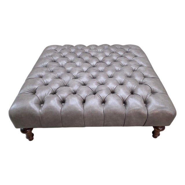 Vintage Chesterfield Style Tufted Gray Leather Ottoman For Sale