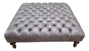 Vintage Chesterfield Style Tufted Gray Leather Ottoman
