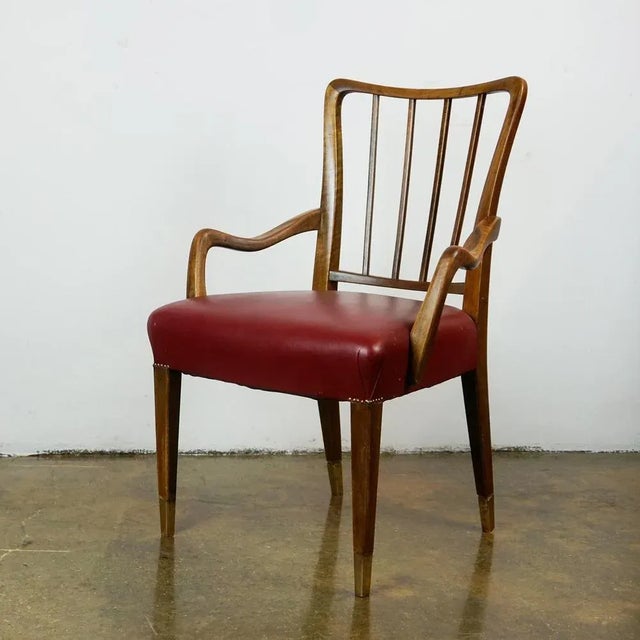 Gold Mid-Century Austrian Walnut and Red Leather Dining Armchairs from Oswald Haerdtl, Set of 2 For Sale - Image 8 of 16