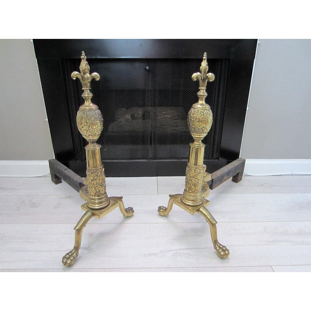 Metal Late 18th Century Pair of French Claw Foot Fleur D Elise Finial Brass Andirons For Sale - Image 7 of 7