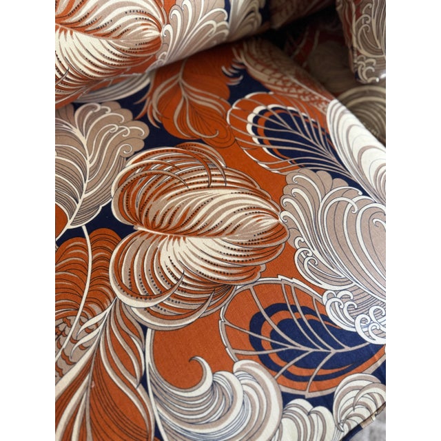 Late 20th Century Custom Three-Seat Sofa in Terracotta and Indigo Art Deco Revival Pattern For Sale - Image 9 of 12