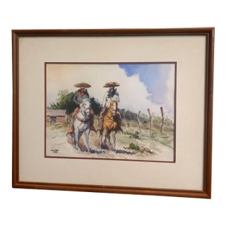 Vintage Western Watercolor Painting of Cowboys by Lorenzo Castaneda For Sale